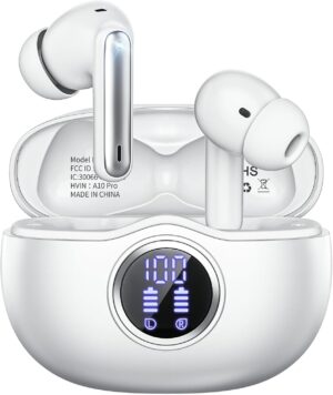 Wireless Earbuds, Bluetooth 5.3 Headphones HiFi Stereo 50H Playback LED Digital Display Ear Buds with ENC Noise Canceling Headset, IPX7 Waterproof Earphones for Gym/Running/Work（White）