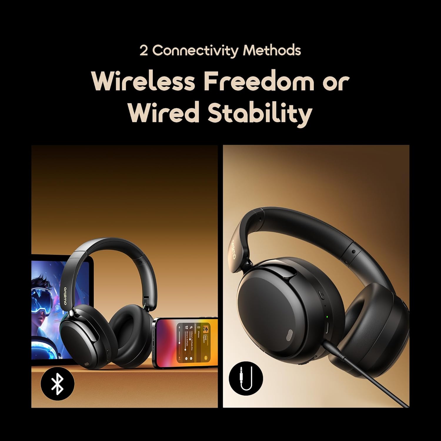 Oraimo Bluetooth Headphones Active Noise Cancelling, 65H Playtime, 3 EQ Modes, Deep Bass, Bluetooth 5.4, Wireless Over-Ear Headphones with Microphone for Office Travel, Black | 360 Spatial Sound & Deep Bass, Waterproof ENC Dual-Mic Clear Calls, Bluetooth 5.4 & 3.5mm AUX Dual Model - Image 5