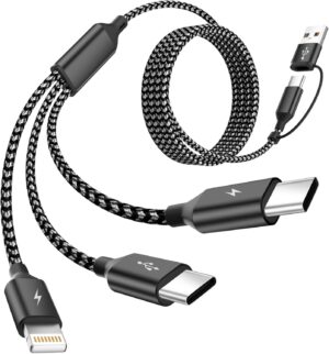 MPATIBY Multi Charging Cable 3 in 2, 1Pack 5FT USB C/A Multi Charger Cable to Type-C/IP Port, Nylon Braided USB C Multiple Charger Cord for All Devices, Universal Phone Charger Cord for Cell Phones