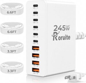 USB C Charging Station 10 Port with 4 Cables,245W GaN Charger Block | Type C Wall Charger Power Strip Adapter Plug for iPad iPhone17 16 15 14 13 12 Pro Max Pixel Note Galaxy White