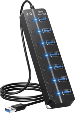 USB Hub 7 Port, USB Splitter with Individual On/Off Switches and Lights. | USB 3.0 Hub with 3.3ft Cable, Extender for A Port Laptop, PC, Desktop